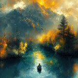 digital art river, digital painting style, fisherman, gouache, top view --ar 3:2 --stylize 1000 --v 