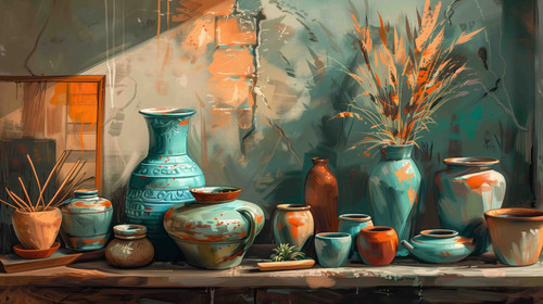 illustration of a softly lit clay studio scene color palette, featuring the colors: Sage, teal, terr.jpg