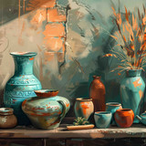 illustration of a softly lit clay studio scene color palette, featuring the colors: Sage, teal, terr