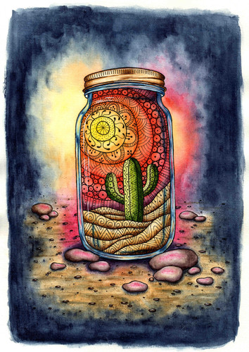 Watercolor illustration of zentang cactus in a jar. Another world in a closed jar. It's perfect for .jpg