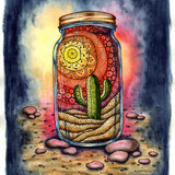 Watercolor illustration of zentang cactus in a jar. Another world in a closed jar. It's perfect for 