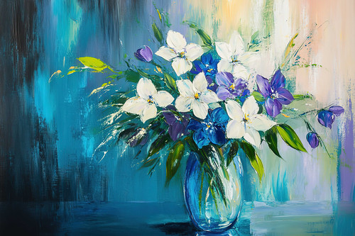 Blue and white flowers in a glass vase, an acrylic painting with a colorful background, green leaves.jpg