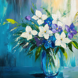 Blue and white flowers in a glass vase, an acrylic painting with a colorful background, green leaves