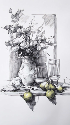 there is a drawing of a vase with fruit and a glass.jpg