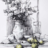 there is a drawing of a vase with fruit and a glass