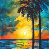 sunset landscape watercolor painting background