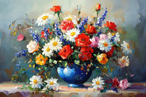 A vibrant bouquet of flowers in an oil painting, with red and yellow roses, white daisies, blue iris.jpg