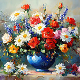 A vibrant bouquet of flowers in an oil painting, with red and yellow roses, white daisies, blue iris