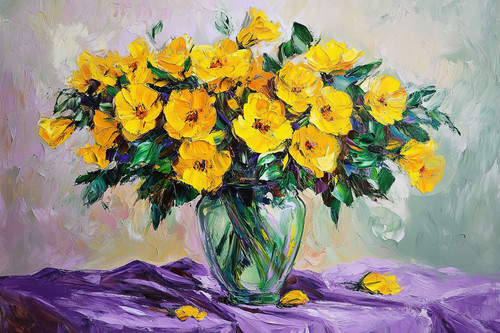 Oil painting with brush strokes, a large glass vase with yellow flowers, a purple tablecloth on the .jpg