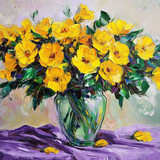 Oil painting with brush strokes, a large glass vase with yellow flowers, a purple tablecloth on the 