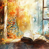 A painting of a window with a book open on a table. The mood of the painting is peaceful and serene,