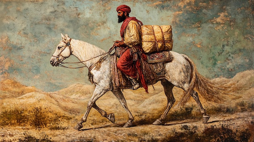 A man in traditional clothing rides a white horse carrying a large bundle across a desert landscape..jpg