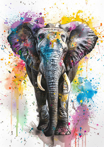 watercolor elephant, white background, colorful splashes of color around the edges in the style of t.jpg