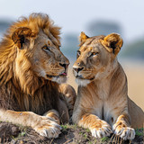 Real documentary nature photograph. A lion and a lioness, along with their cubs, are licking each ot