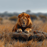 Un majestuso leon grue y muestra sus colmillos sobre una roca en un entorno arido. Fotografia real -