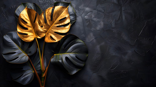 Gold and black tropical leaves on a dark textured background..jpg