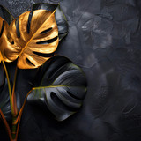 Gold and black tropical leaves on a dark textured background.