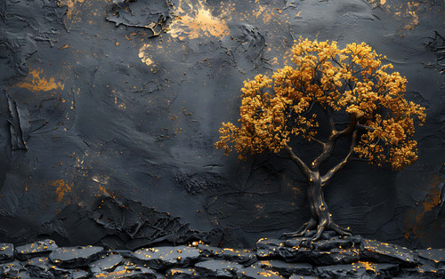 A golden tree stands on a dark rocky ground with a textured black and gold background..jpg