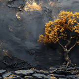 A golden tree stands on a dark rocky ground with a textured black and gold background.