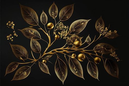 Leafy pattern on a black background with golden leaves and berries. Generative AI.jpg