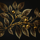 Leafy pattern on a black background with golden leaves and berries. Generative AI