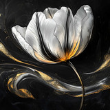 A stylized single white tulip with golden accents on a black marble background, creating a visually 