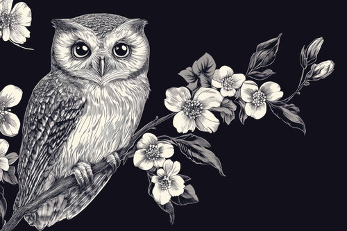 Black and white illustration of an owl perched on a branch with flowers around..jpg