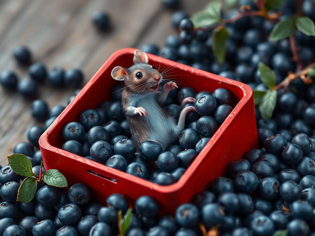 A red box of blue berries with a rat dancing inside