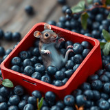 www.naked-ai.art - A red box of blue berries with a rat dancing inside