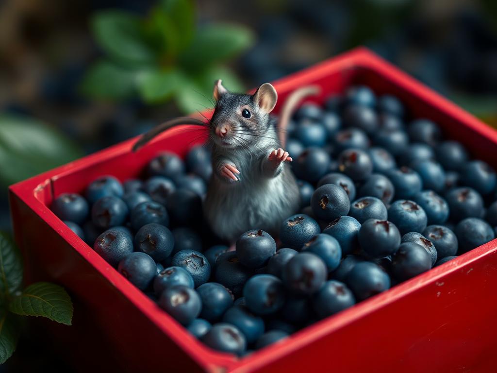 A red box of blue berries with a rat dancing inside