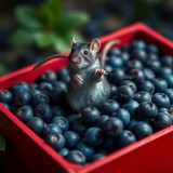 www.naked-ai.art - A red box of blue berries with a rat dancing inside