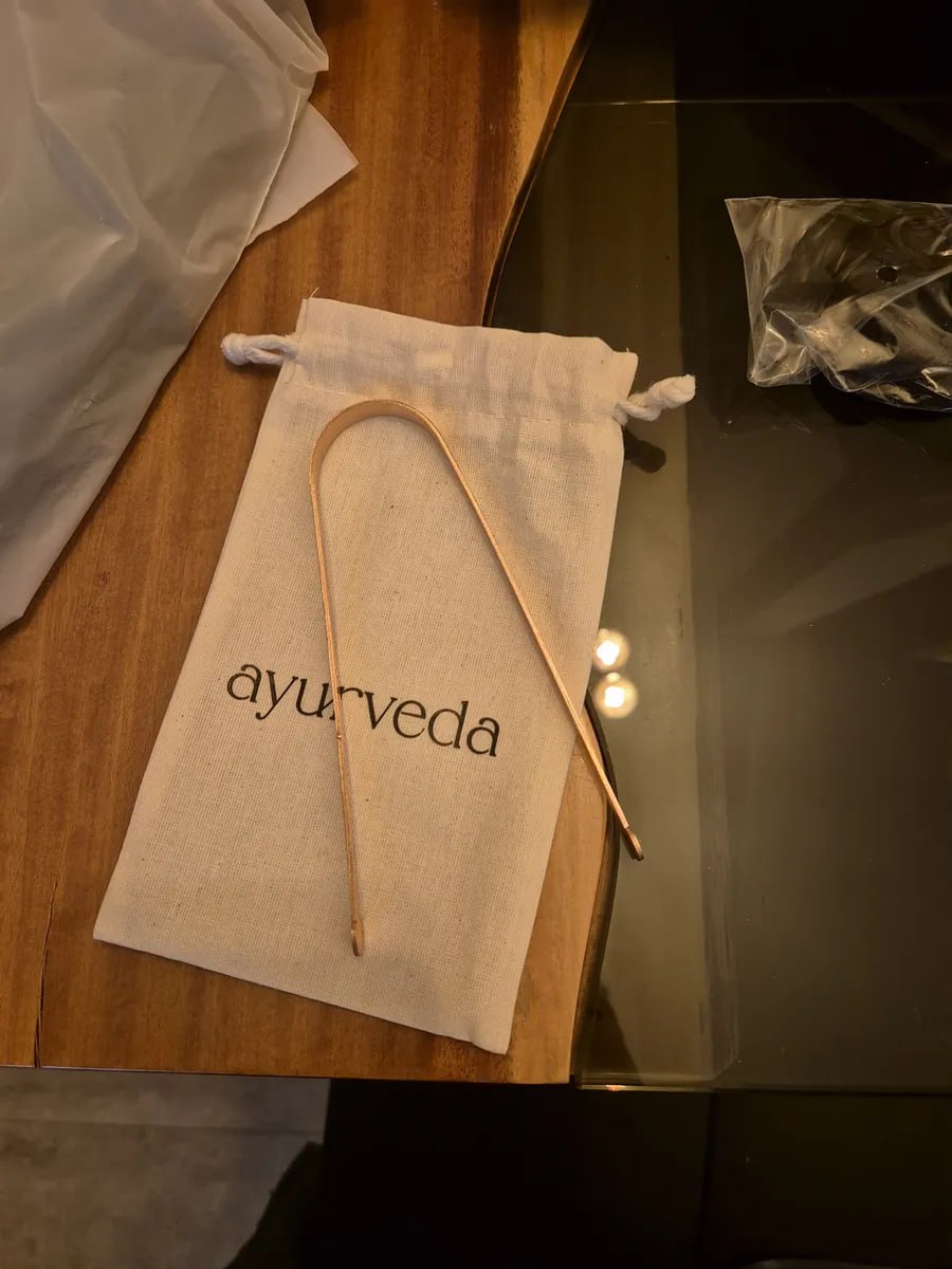 Raspador de Lingua Cobre Saquinho Algodao Ayurveda Desenho exclusivo