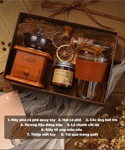1. Máy pha cà phê quay tay 2. Hạt cà phê 3. Cốc ống hút IN 4. Hương liệu đóng hộp 5. Lá chanh cắt lá.jpg