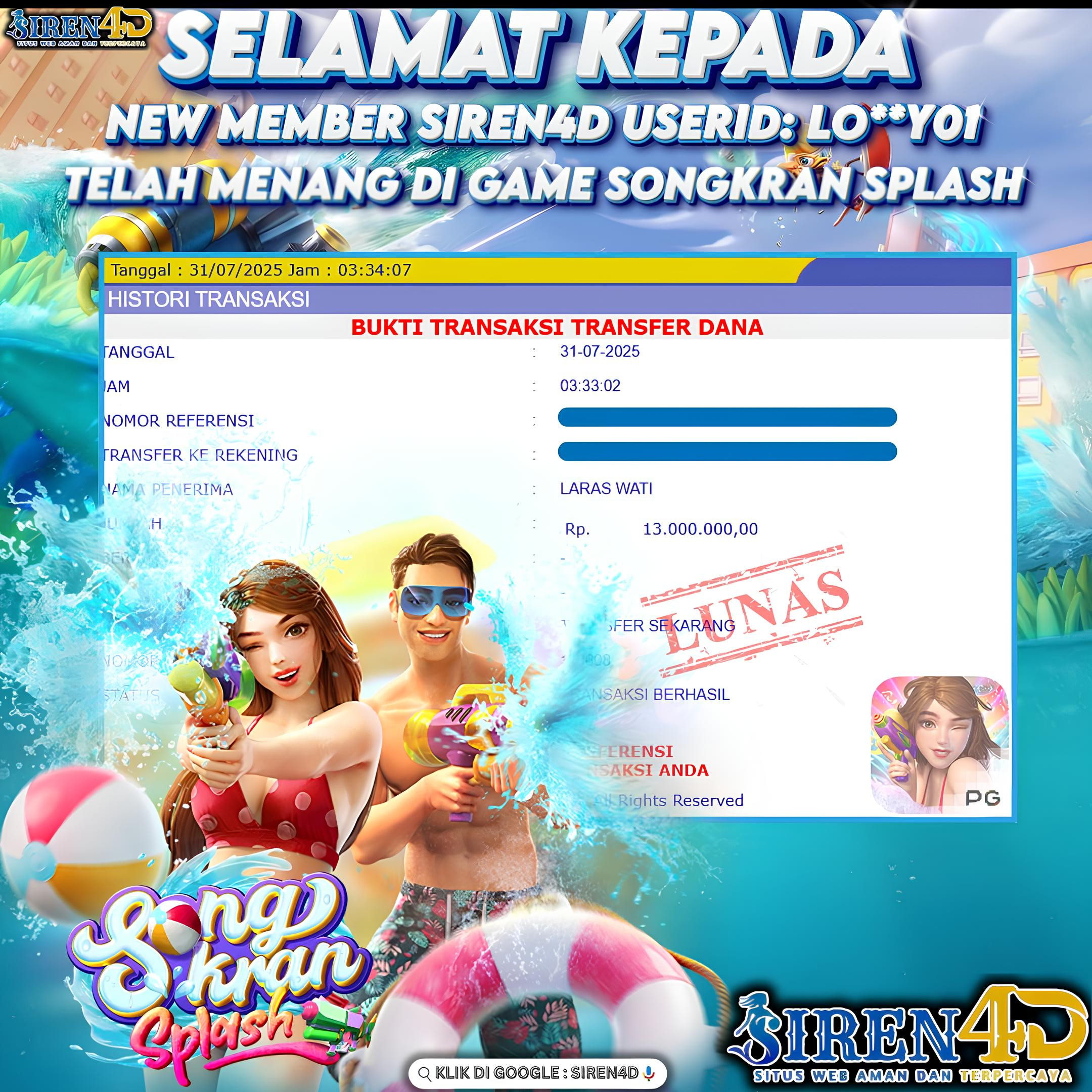 SIREN4D  - JACKPOT DI GAME SLOT SONGKRAN SPLASH RP 13JT DIBAYAR LUNAS
