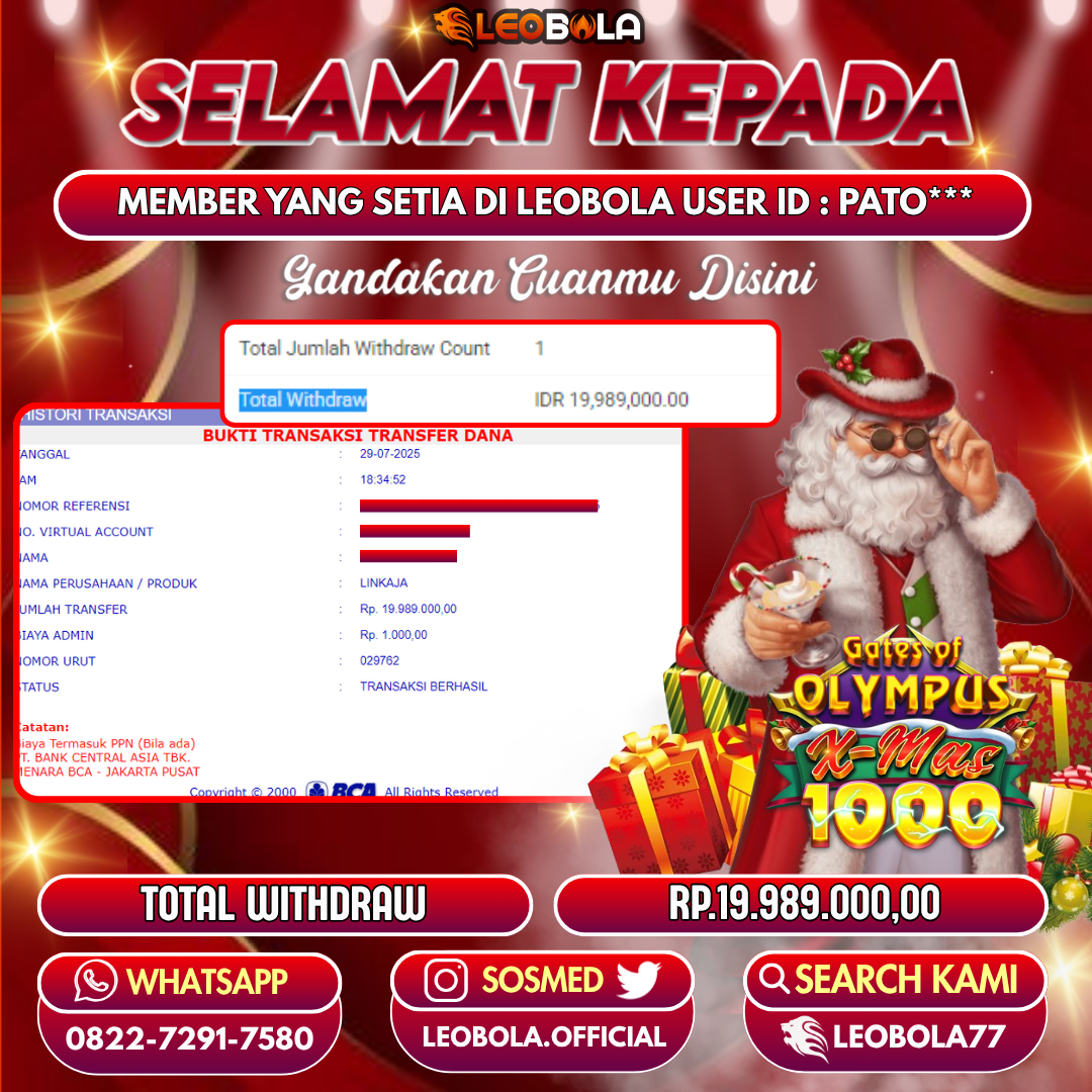 LEOBOLA JACKPOT GAME SLOT GATE OF OLYMPUS XMAS TOTAL WITHDRAW RP.17.000.000,-