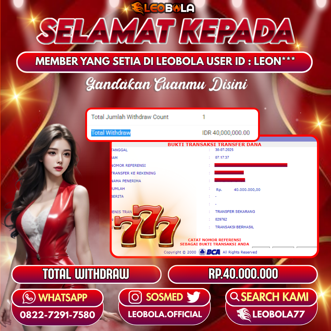 LEOBOLA JACKPOT GAME LIVE CASINO & SLOT 777 TOTAL WITHDRAW RP.40.000.000,-