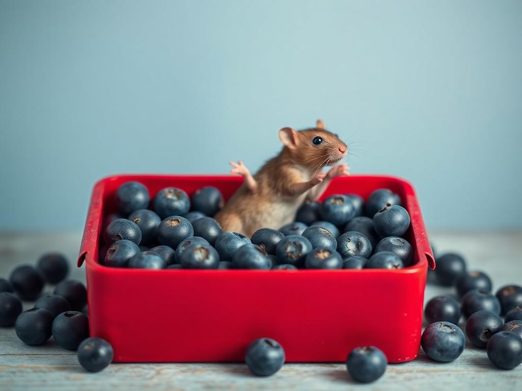 A red box of blue berries with a rat dancing inside
