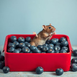 www.naked-ai.art - A red box of blue berries with a rat dancing inside