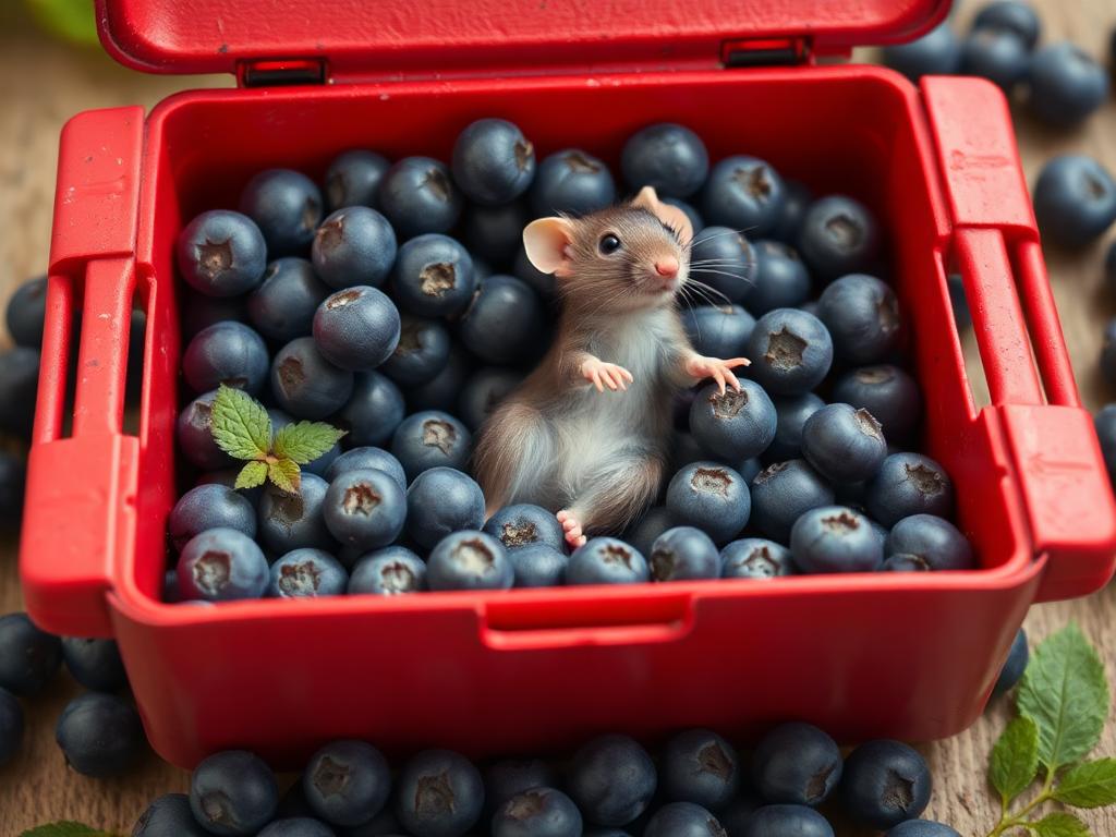 A red box of blue berries with a rat dancing inside