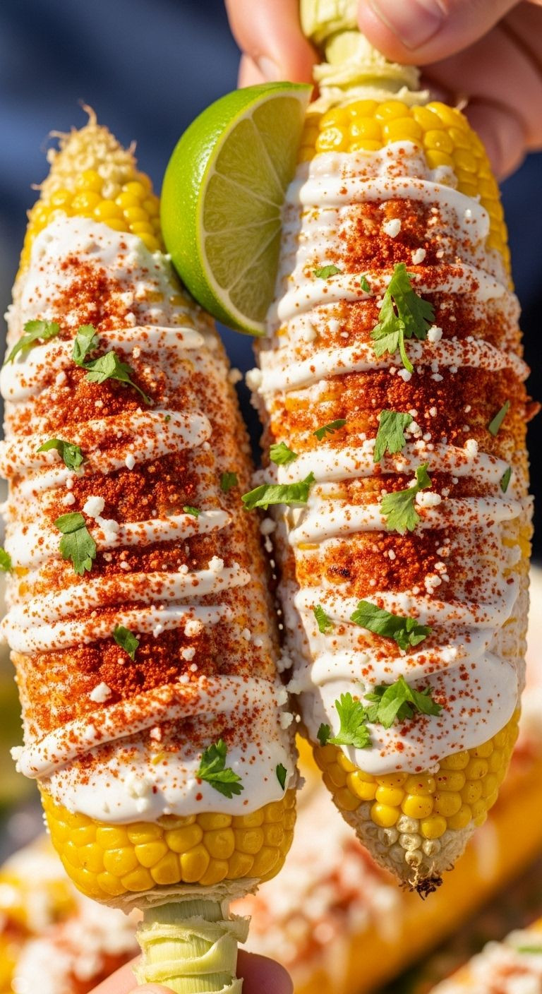 Two grilled Elote ears are held up, slathered with creamy sauce, chili powder, cotija cheese, and a lime wedge, showcasing an authentic Hispanic street food.