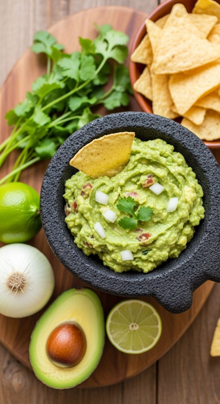 A stone molcajete filled with chunky green guacamole and tortilla chips, surrounded by fresh ingredients, depicts an authentic Hispanic appetizer.