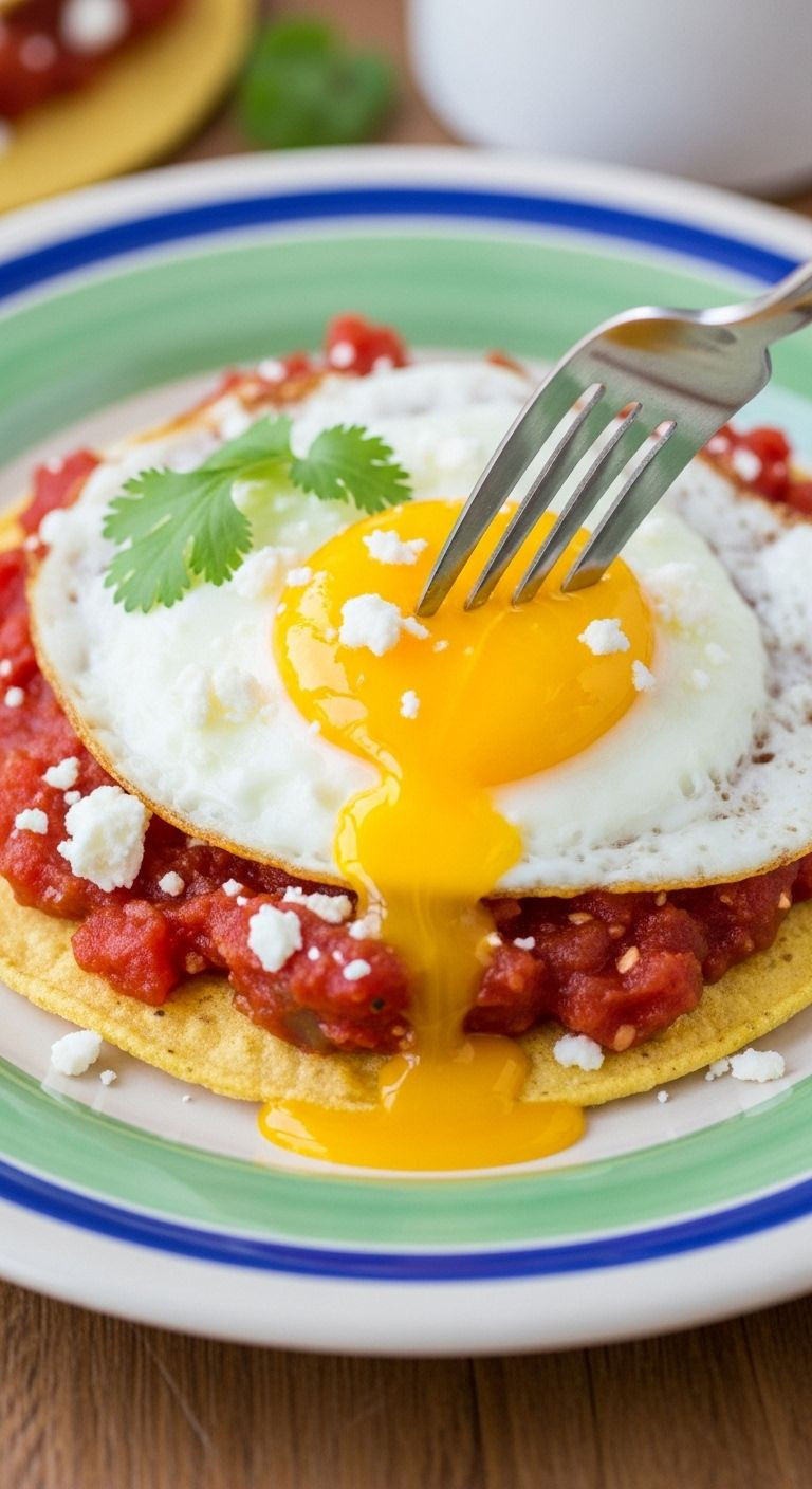A vibrant plate of Huevos Rancheros with a sunny-side-up egg, chunky red salsa, and crumbled cheese, perfect for an easy authentic Mexican dinner.