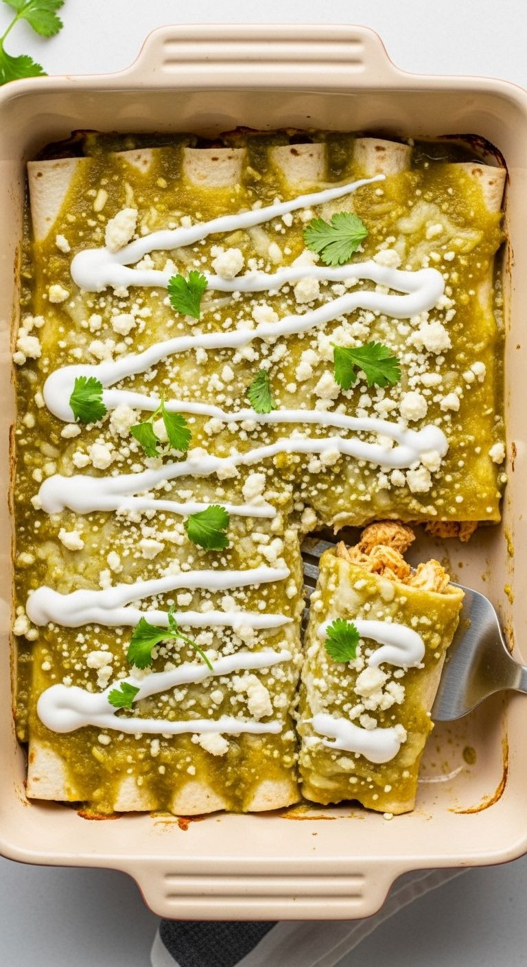 Freshly baked Enchiladas Verdes drizzled with green tomatillo sauce, crema, and cheese, with a chicken filling visible.