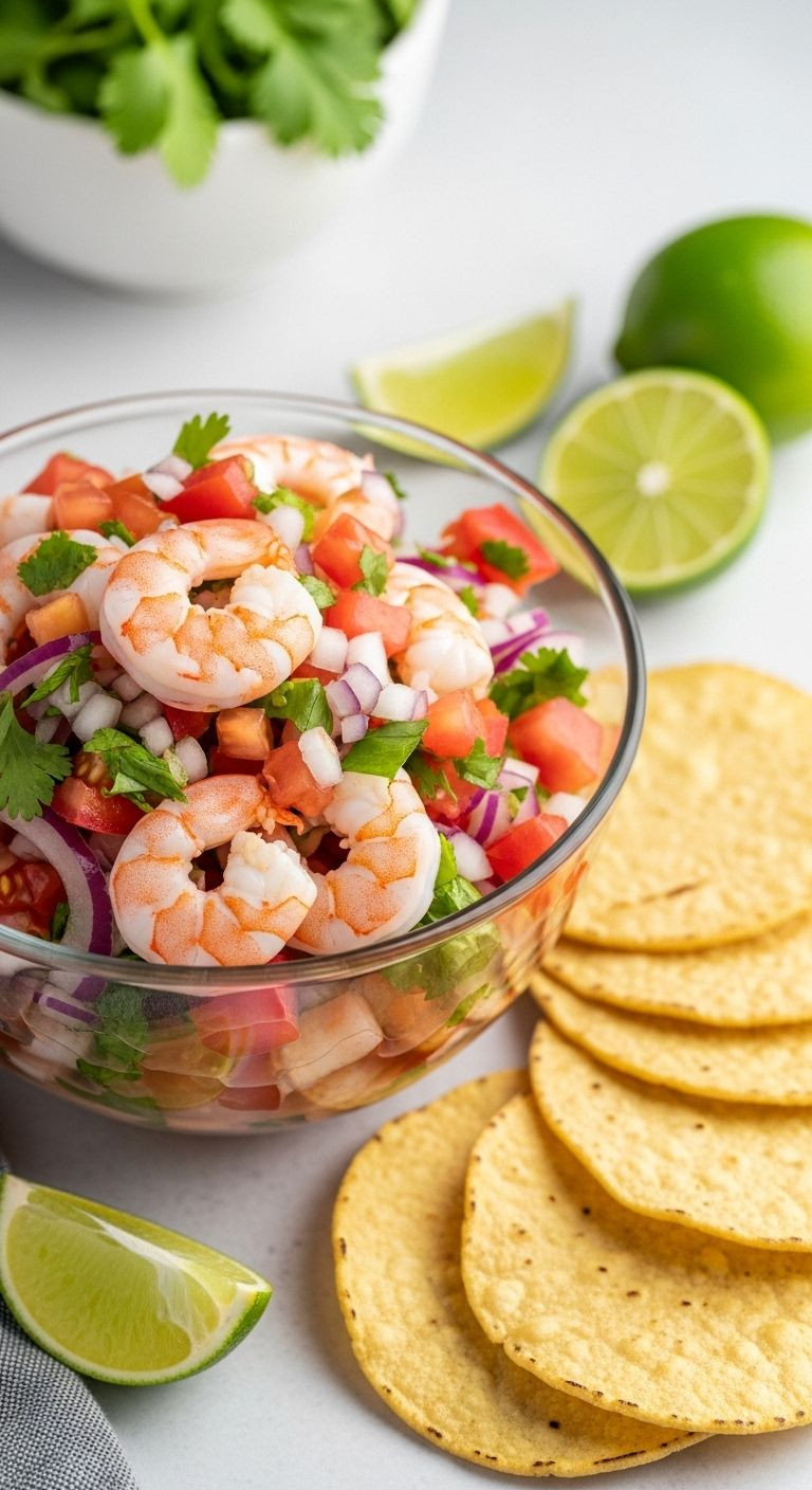 A glass bowl of fresh shrimp ceviche with tostadas and lime wedges, showcasing a vibrant and refreshing Hispanic dish.