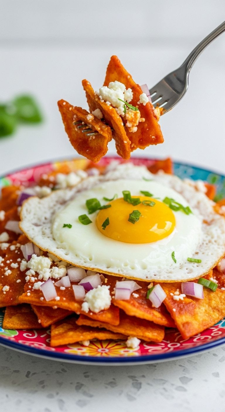 A fork lifts a bite of Quick and Crispy Chilaquiles Rojos, topped with cheese, onion, and a fried egg, perfect for an easy authentic Mexican dinner.