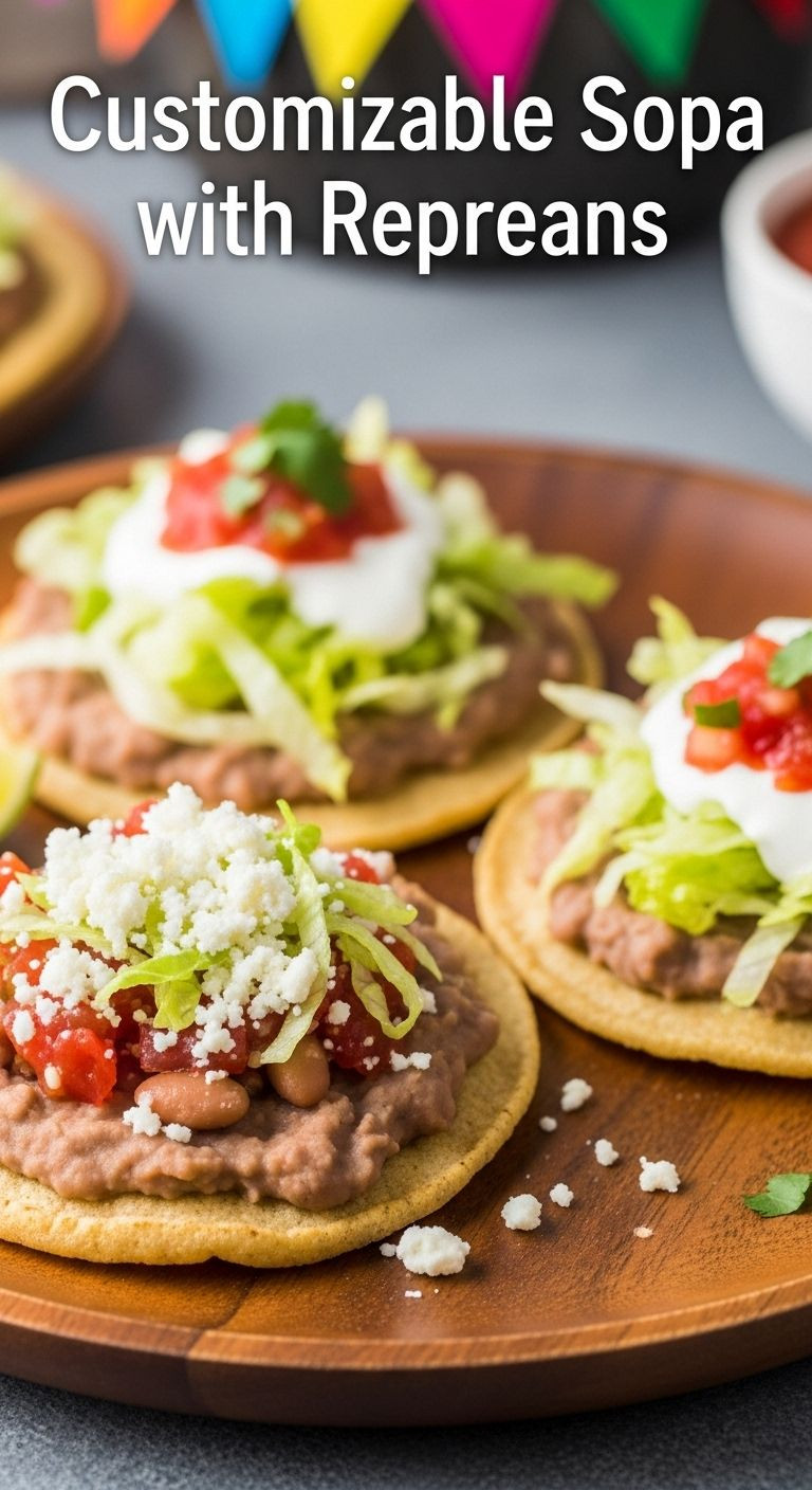 Three customizable sopes topped with refried beans, cheese, lettuce, salsa, and crema on a wooden platter, showcasing an easy authentic Mexican dinner.