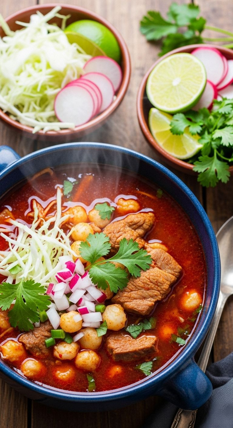 Steaming Pozole Rojo with fresh garnishes on a rustic wooden table, showcasing authentic Hispanic food.