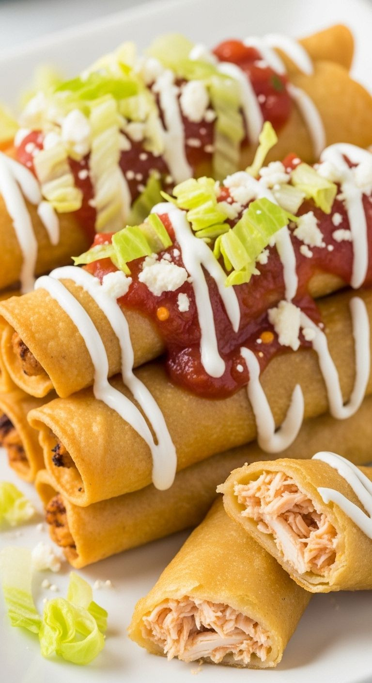 A stack of crispy, golden-brown Flautas de Pollo drizzled with crema and salsa, topped with lettuce and cheese, showcasing an easy authentic Mexican dinner.