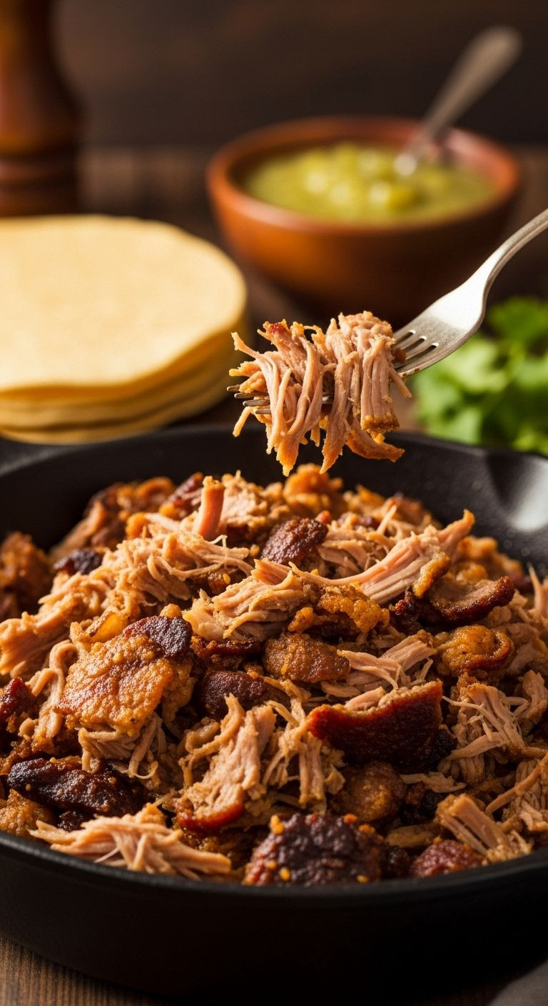 A cast-iron skillet filled with crispy shredded carnitas, accompanied by corn tortillas and salsa verde, ready to be enjoyed as authentic Hispanic food.