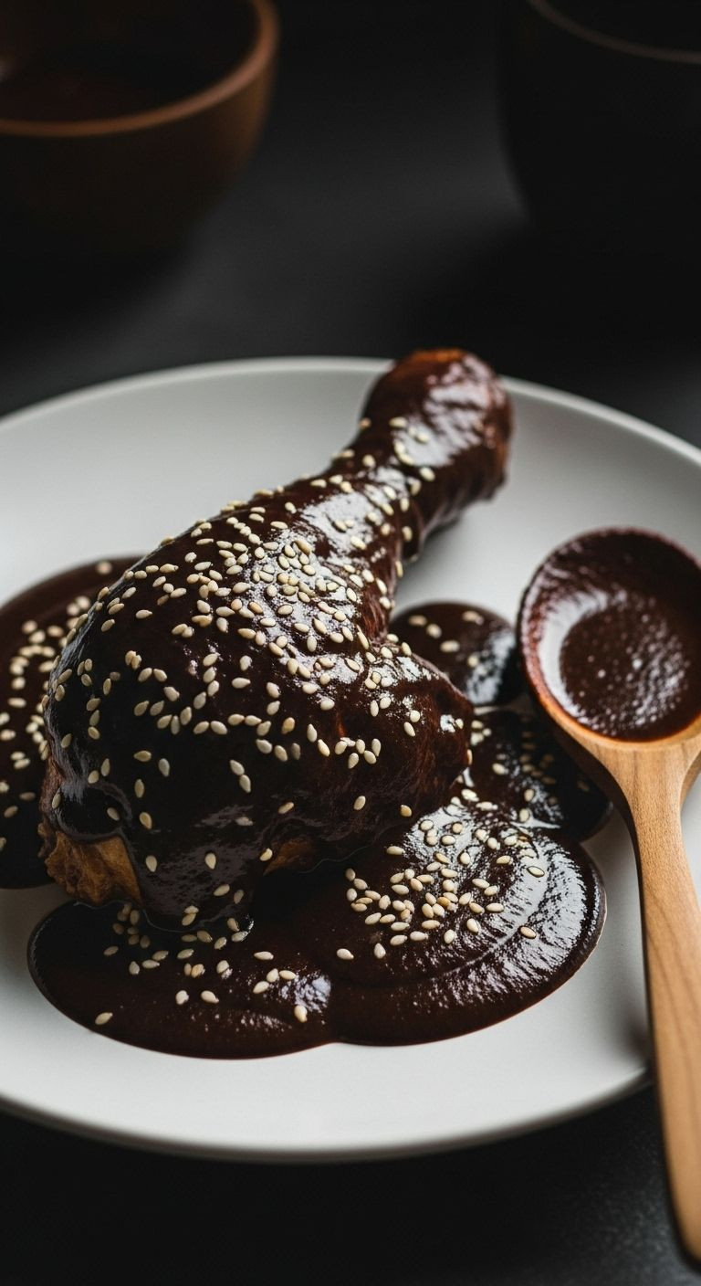A piece of chicken or turkey is generously coated in a thick, glossy dark mole sauce with sesame seeds, depicting an authentic Hispanic dish.
